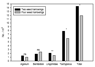 Figure 3.5. Estimated densities (Least-squares means based on the basic statistical model) of common polyphagous predators in spring wheat following three and four weed harrowings compared to simultaneous densities in two-harrowing plots. Notice the different scales on the ordinates. ns P > 0.05, *P < 0.05, **P < 0.01, ***P < 0.001.