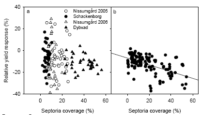 Figure 36. Relative yield response taken as the change in dry matter yield between fungicide treated and non-treated plots in percent of yield of treated plots versus the difference in septoria coverage of the two sets of treatments. Data from the treatments with full fungicide rate in the experiments described in this report (a) and fungicide trials in winter wheat from 2000 to 2006 (b). The line shows a linear regression of yield response on septoria coverage.