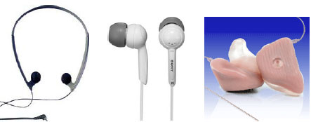 Figure 3. In-ear headphones. From left a model with a spring band, a model with soft material which adapts itself to the shape of the auditory canal and a model that is individually adapted.