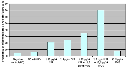 Figure 10.1: Genotoxicity of cyclophosphamide (CPP) + PFOS in micronucleus test (After Jernbro et al. 2007)