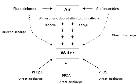 Figure 6.1: Pathways to environmental distribution of perfluorochemicals (modified after Simcik and Dorweiler 2005)