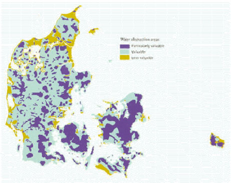 Figure 3.1: Water abstraction areas. From Danish EPM's homepage (Danish EPA 2006). Particularly valuable waters cover app. 34% of the area of Denmark, valuable waters cover app. 53%, and less valuable waters cover app. 13%.