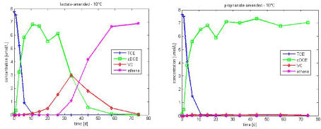 Figure 3.1 - Experimental data of TCE dechlorination in lactate and propionate-amended culture at 10°C