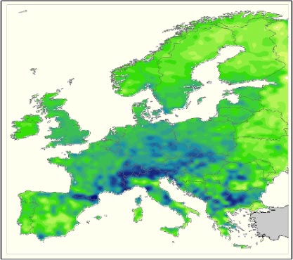 Figur 1.2 Fordelingen af artsrigdom for planter i Europa.  Farverne indikerer antallet af arter for hvert område på 50x50 km, der er undersøgt. Skala: fra gul (0-100 arter) over grøn (100-400 arter) til mørkeblå (400-700 arter).