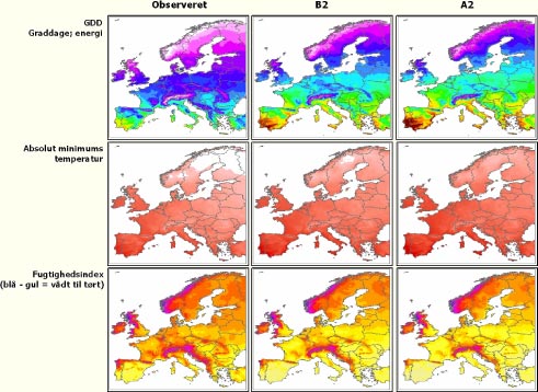 Figur 2.1 Kortene viser de tre anvendte klimavariable i Europa. Den første kolonne viser de observerede klimadata (perioden 1961-1991) og de to næste kolonner værdierne for klimascenarierne B2 og A2 i år 2100.