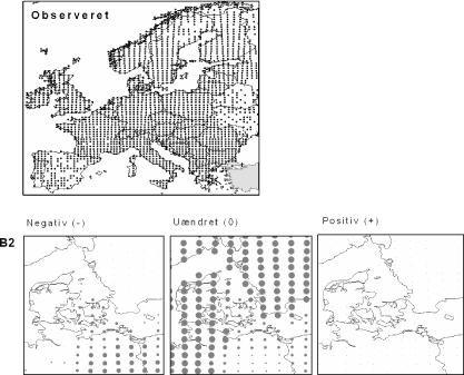 Figur 3.3 Stor Nælde (Urtica dioica). Øverst: Den observerede udbredelse iflg. Atlas Florae Europaeae. Nederst: Den forventede påvirkning i Danmark under B2-scenariet.