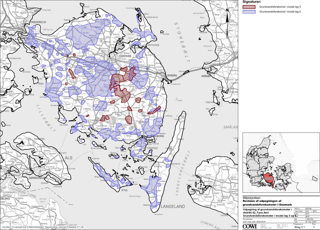 Kort: Grundvandsforekomster i Fyns Amt (model lag 3 og model lag 5)