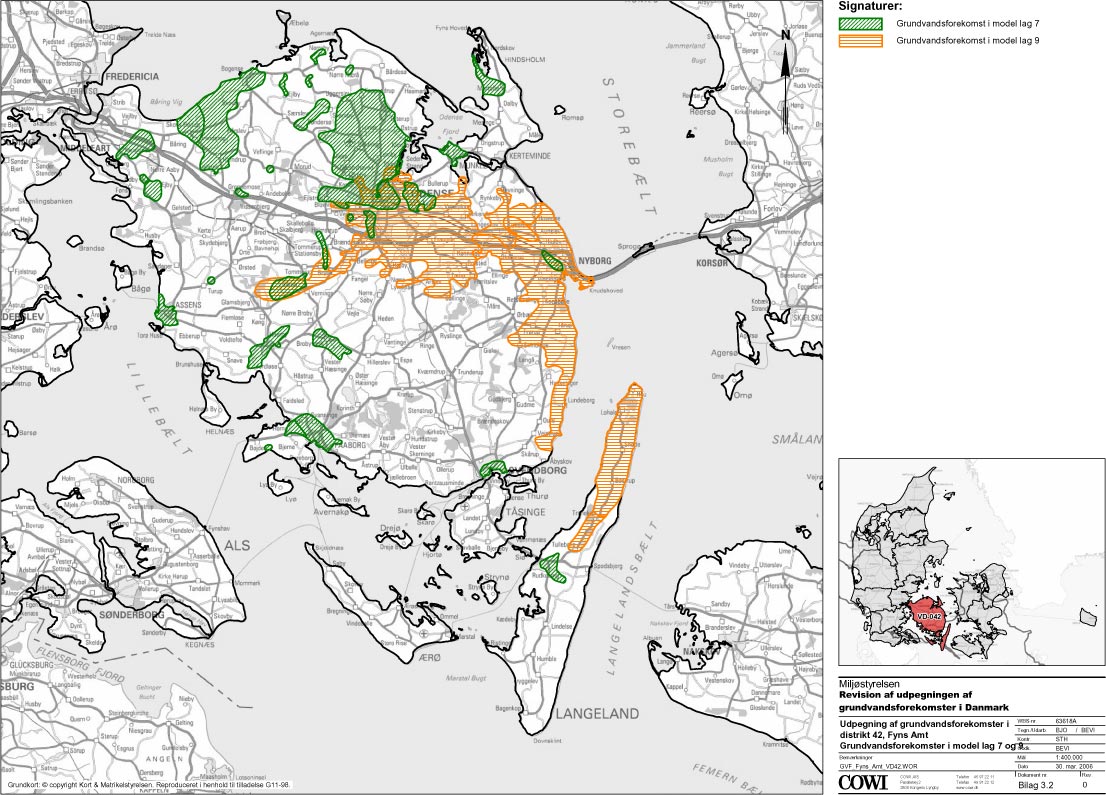 Kort: Grundvandsforekomster i Fyns Amt (model lag 7 og model lag 9)
