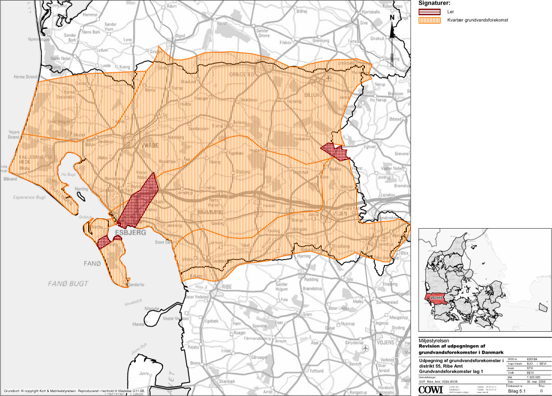 Kort: Grundvandsforekomster i Ribe Amt (Ler, Kvartær grundvandsforekomst)