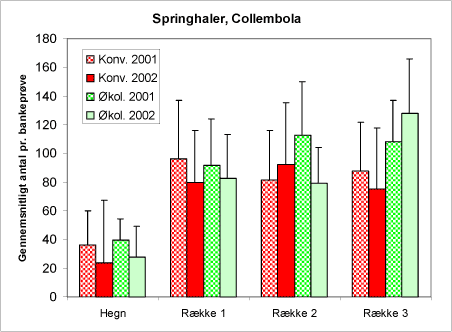 Figur 28. Antallet af springhaler, Collembola, der er registreret i bankeprøverne de to år på de to typer af arealer.