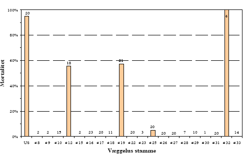 Figur 8. Resultater fra dråbetest med diskriminerende dosis permethrin på feltindsamlede væggeluspopulationer og den følsomme stamme ”US”. Tallene over hver søjle angiver antallet af individer i testen.