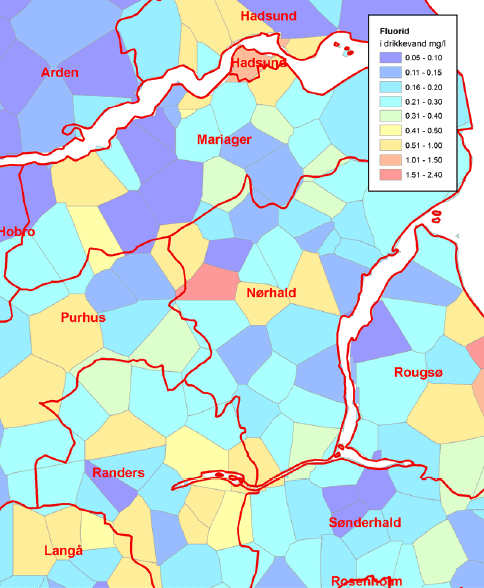 Figur 14 Detailkort med kommunegrænser til illustration af den inter-kommunale variation (”Thiessen kort”)