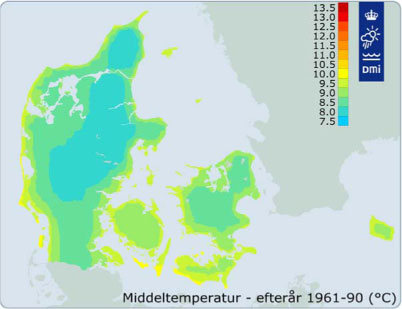 Figur 2. Middeltemperatur i efterårene (sept.-nov.) 1961-90