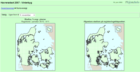 Figur 6. Eksempel på hjemmesiden, hvor konsulenternes indberetninger til registreringsnettet i efteråret 2007 kunne følges. Denne side viser resultatet for vinterbyg, mens en tilsvarende side var oprettet for vinterhvede.