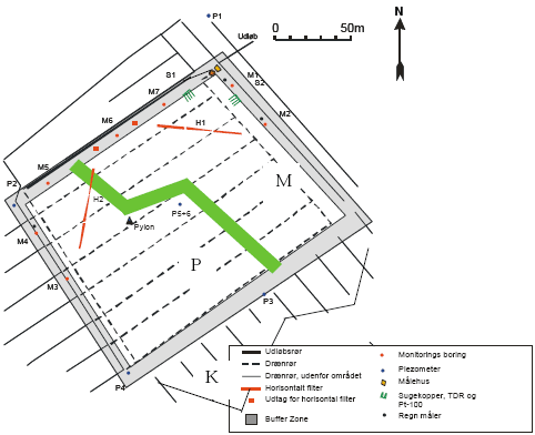 Figur 1 Skitse af lokaliteten. Placering af demarkationsarealet der adskiller de to forsøgsfelter med konventionel pesticidbehandling (P-felt) og alternativ mekanisk baseret behandling (M-felt)