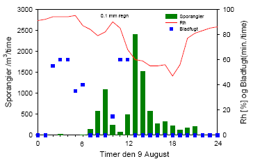 Figur 25. Sporangiefangster /m³/time den 9. august i Oleva felt, 2005 sammenholdt med luftfugtigheden (Rh) og bladfugt, jf. figur 24. Fra kl. 10-11 faldt der 0,1 mm regn. Der var 10 HSPO risikotimer natten mellem den 8. og 9. august. Grønne søjler er sporangiefangster. Blå kvadrater er bladfugt (0-60 minutter/time), og rød linie er relativ luftfugtighed pr. time. Kl. ca. 10.00 faldt der 0,1 mm regn.