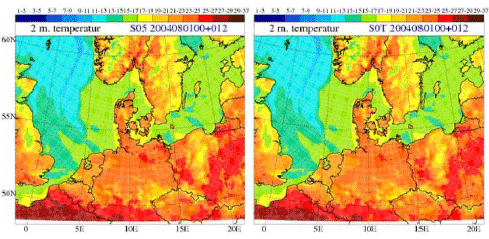 Figur 52. DMI-HIRLAM 12 timers prognoser for temperaturen i 2 meters højde fra 00UTC (kl. 02 dansk sommertid) den 1. august 2004. Til venstre resultatet fra DMIs operationelle prognosemodel S05, til højre resultatet for den eksperimentelle versionS0T med de ændringer, som er omtalt i teksten. Læg mærke til de lidt lavere temperaturer i S0T, som ses i de røde farver. Farveskalaen øverst på figuren er i °C.
