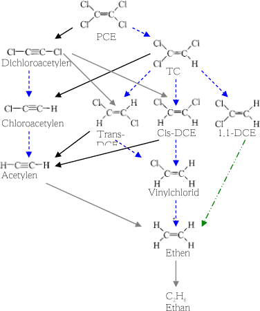 Figur 4: Nedbrydningsprocesser for klorerede opløsningsmidler og nedbrydningsprodukter [Arnold & Roberts, 2000].