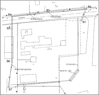 Figur 11: Skitse over placeringen af den reaktive væg og drænsystemet på Vapokon.