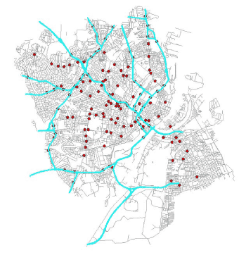Figur 4.2 Regionale veje (blå streger) i København og Frederiksberg kommuner. 138 beregningspunkter (røde prikker) i trafikerede gader er også vist.