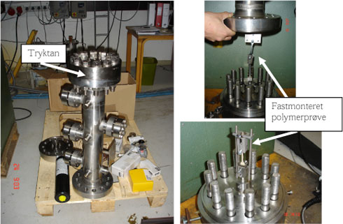 Figur 27: Til venstre tryktanken; til højre anordningen, hvor polymerprøverne fastmonteres.