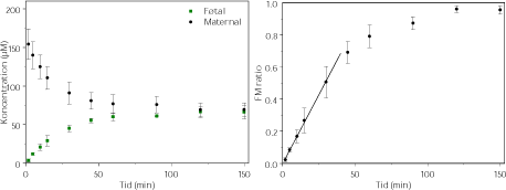 Figur 3.2.5. Perfusion med ¹4C-Caffein (200 µM og N=4). FM ratioen angiver forholdet CF/CM. Regressionen angiver den initiale hældning af FM ratioen også kaldet den indikative permeabilitetskoefficient (IPK) beregnet for et gennemsnit af FM ratioen. IPK er beskrevet ved ligningen y = 0,0171x – 0,0086 (r² = 0,9994) og udregnet for tidsrummet 0-30 min.