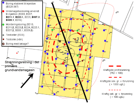 Figur 6: Oversigt over lokaliteten, samt den horisontale forureningsspredning i det sekundære grundvandsmagasin. Linjen viser, hvor det geologiske tværsnit er lavet.