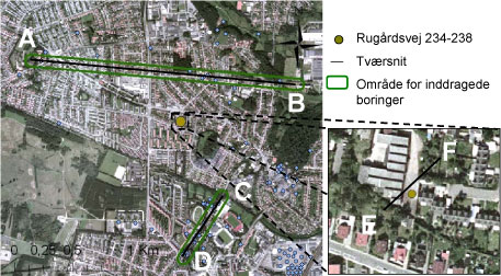 Figur 24: Oversigt over området ved Rugårdsvej, samt placeringen af de to regionale tværprofiler. Disse er placeret i områder hvor der har været flest boringer tilgængelige.
