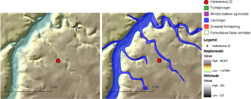 Figur 36: (v) Højdemodel over området. (h) Højdemodel med geomorfologisk tolkning.
