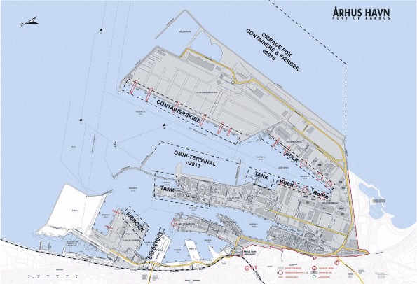 Figure 5.7 Draft map of the Port of Aarhus, indicating positions where the various types of ships pertain. A planned Omni-terminal (expected in 2011) and a planned area for containers and ferries (expected in 2015) are indicated.