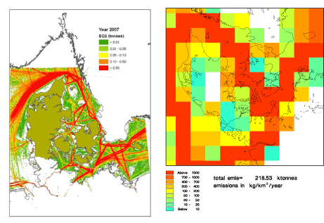 Fig. 1 Ship emissions of SO2 pr km2. The left panel displays values from the new, AIS-based emission inventory with a resolution of 1 x 1 km. The right panel illustrates the previously used inventory, where the emission is assigned to grid cells of size 50 x 50 km (EMEP, 2008).