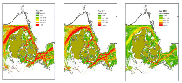 Fig. 3 Maps of yearly emissions of SO2 for the three years of 2007, 2011 and 2020. The unit is SO2 per km²..