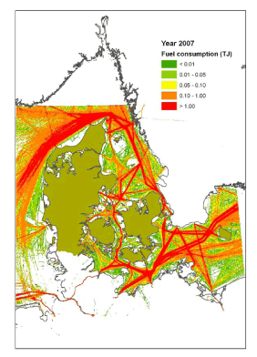 Figure 1.1 Fuel consumption according to AIS data with application of the methodology described in chapter 2. The unit is TJ/km². The coloured area on the map illustrates where the AIS data are applied in the present study. In the following, it will be referred to as the AIS inventory area.