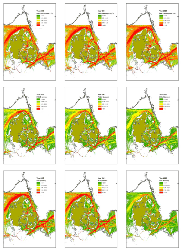 Figure 2.11 Maps of Fuel consumption (top row) and yearly emissions of PM2.5 and SO2 (subsequent rows). The unit is as indicated, but per km². Each row displays three scenarios: 2007, 2011 and 2020. The figure is continued on the subsequent pages.