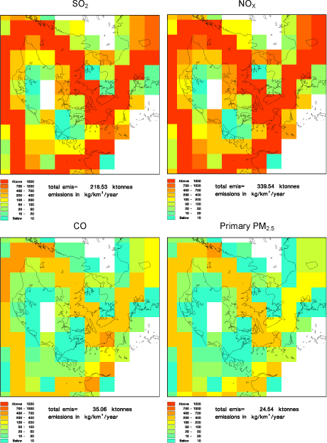 Figure 3.1 The original EMEP ship emissions for the year 2006 (called EMEP-ref). These are pre-SECA data. Upper left SO2 emissions, upper right NOx emissions, lower left CO emissions and lower right pm2.5 emissions. Note that although the labels say 2007 the inventory year is 2006 (pre-SECA).