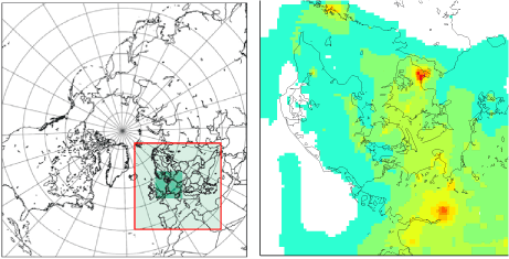 Figure 4.2 Left: The three first domains of DEHM. Right: Model calculated concentrations of sulphur dioxide in 2007 based on the fourth layer of the model. The small grid cells are 6 km x 6 km.