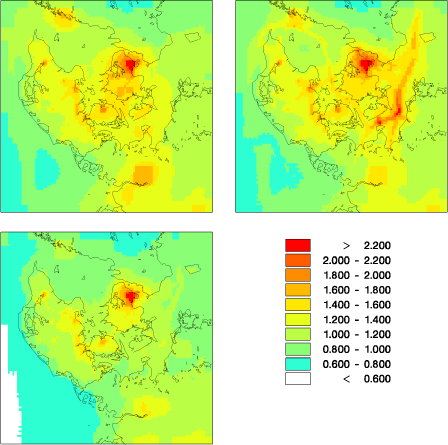 Figure 4.9 Model results for primary PM2.5 concentration levels using EMEP-ref (upper left), AIS-sp (upper right), and AIS-2007 (lower left) in units of µg/m³.