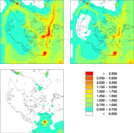Figure 4.14 Model results for SO2 using AIS for 2007 (upper left), 2011 (upper right) and 2020 (lower left) in units of µg/m³.