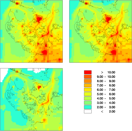 Figure 4.15 Model results for NO2 using AIS for 2007 (upper left), 2011 (upper right) and 2020 (lower left) in units of µg/m³.