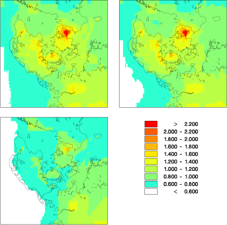 Figure 4.16 Model results for primary PM2.5 using AIS for 2007 (upper left), 2011 (upper right) and 2020 (lower left) in units of µg/m³.