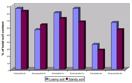 Figure 6.2 Comparison of simple chemical extraction of heavy metals with bioaccessibility test (RIVM method) for a sandy and a loamy soil from two sites contaminated with wood preservatives, unpublished DHI data