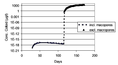 FIGURE 1. COMPARISON OF BREAKTHROUGH CONCENTRATIONS IN SIMULATION INCLUDING AND EXCLUDING MACROPORES.