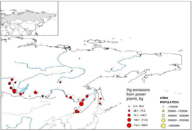Figure 4.2. Location and mercury emission of coal-fired utility plants in the Russian Federation (Munthe et al. 2004)