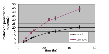 Figure 19. In vitro percutaneous penetration of malathion through intact and slightly damaged human skin. A total amount of 424 &micro;g (2 mg/ml) was added to the donor chamber and penetration followed for 48 h. Results are presented as mean &plusmn; SEM (n = 13–14 per group)