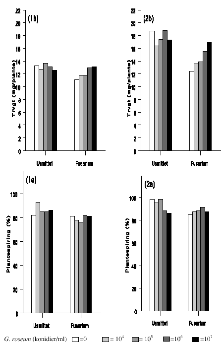 Figur 5.4. Effekten af en stigende koncentration af G. roseum (konidier/ml) ved bejdsning af bygfr med hensyn til plantefremspiring (1a og 2a) og trvgt per plante (1b og 2b) for henholdsvis Effekten af en stigende koncentration af G. roseum (konidier/ml) ved bejdsning af bygfr med hensyn til plantefremspiring (1a og 2a) og trvgt per plante (1b og 2b) for henholdsvis usmittede fr (vand) og fr smittet med <I>Fusarium culmorum</I>. De to eksperimenter er udfrt i vkstkammer usmittede fr (vand) og fr smittet med <I>Fusarium culmorum</I>. De to eksperimenter er udfrt i vkstkammer.(13 Kb)