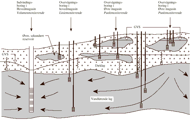 Fig. 4.1 Moniteringstyper i overvgningsprogrammet. GVS = Grundvandsspejl. (14 Kb)