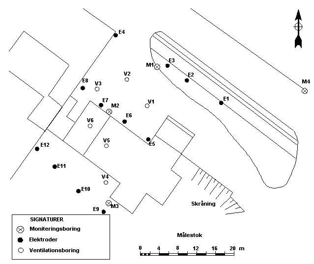 Situationsplan med angivelse af elektroder, ventilations- og moniteringsboringer