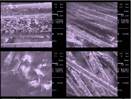 Figur 11. SEM billeder af eksponerede glasfibre i brudflade af profil. Øverste venstre billede (forstørrelse x2000) viser glasfibre fra brudflade af profil indeholdende halogenholdig flammehæmmer. Øverste højre billede (forstørrelse x500) viser glasfibre fra profil indeholdende 30 % ON-901. Nederste venstre billede (forstørrelse x500) viser glasfibre fra profil indeholdende 50 % Apyral 33. Nederste højre billede (forstørrelse x500) viser glasfibre fra profil indeholdende 50 % ON 901.