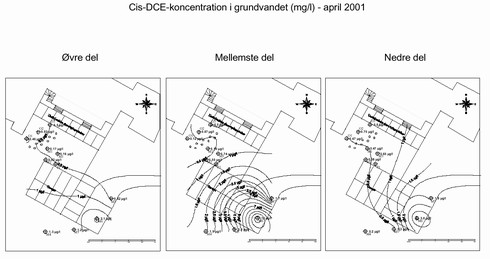 Klik p&aring; billedet for at se html-version af: &lsquo;Cis-DCE-koncentration i grundvandet (mg/l) - april 2001&lsquo;