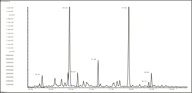 Figur 12-11. Samme prøve som figur 12-9, dog er tidsaksen forstørret i området 15,0 – 19,0 minut. Den interne standard o-terphenyl ses ved retentionstiden 15,67 minut.